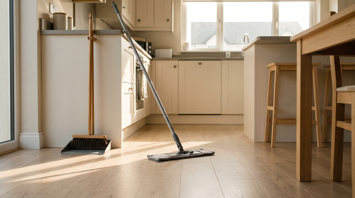 A bright Irish kitchen with a microfibre flat mop and long-handled cleaning tools on a clean tiled floor