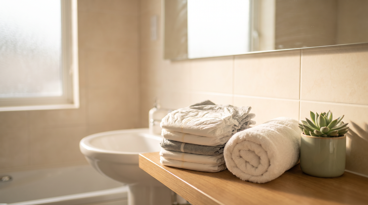 Neatly folded pull-up continence pants on a clean bathroom shelf in a bright Irish home