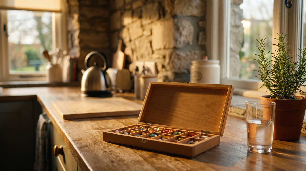 A neatly organised weekly pill organiser on a bright kitchen countertop with morning light, alongside a glass of water