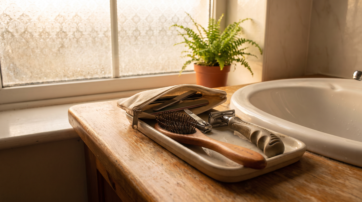 A selection of adaptive daily grooming aids arranged on a sunlit bathroom countertop in an Irish home