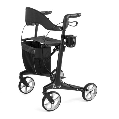 Black rollator with seat and cup holder on a white background