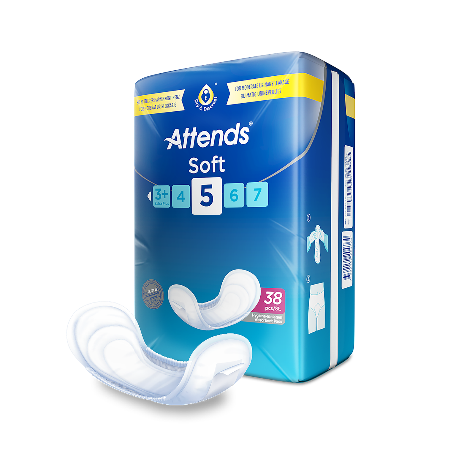 Attends Soft Shaped Pads Level 5 - Regular - shaped incontinence pad, 900ml absorbency, pack of 38