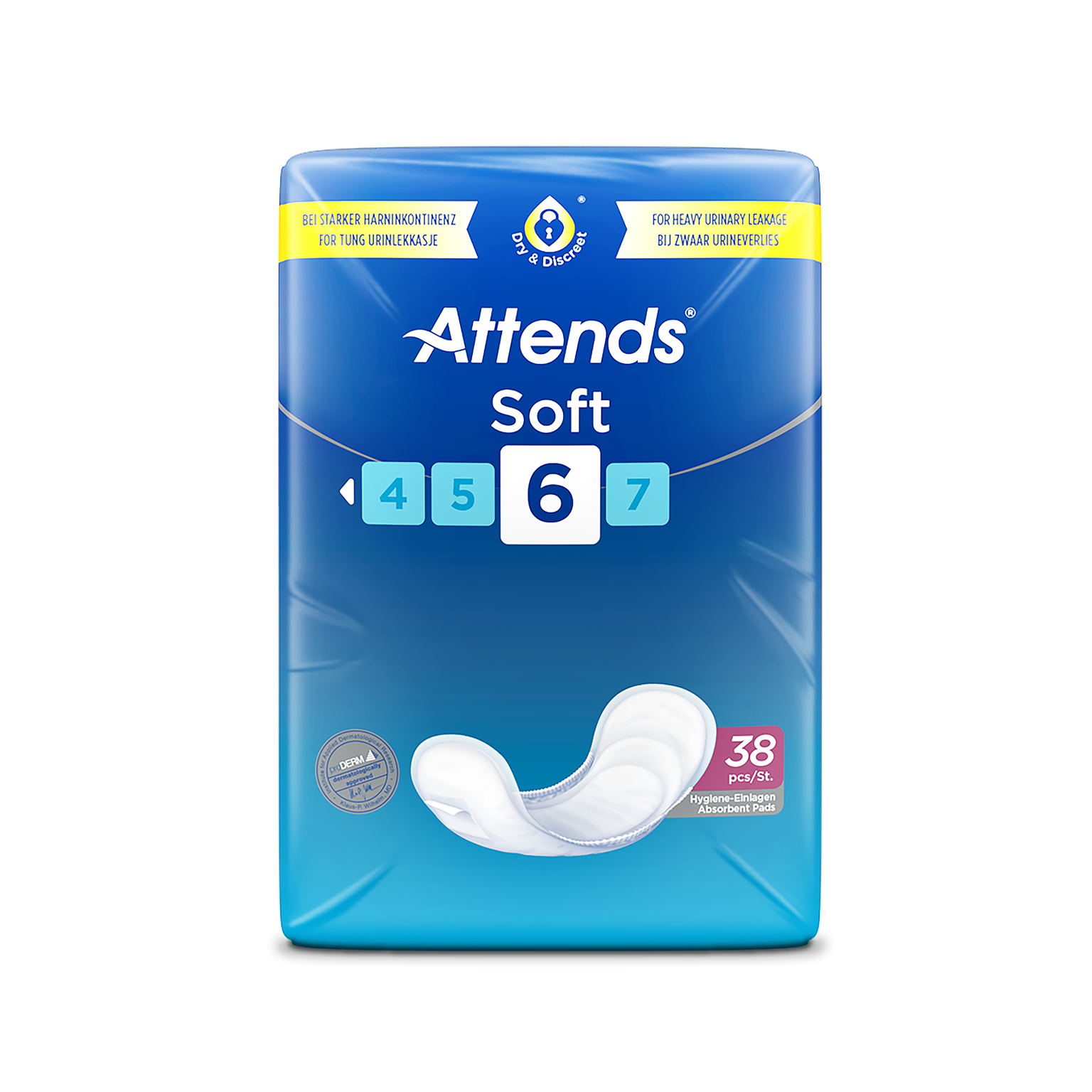 Attends Soft Shaped Pads Level 6 - Regular - shaped incontinence pad, 1100ml absorbency, pack of 38