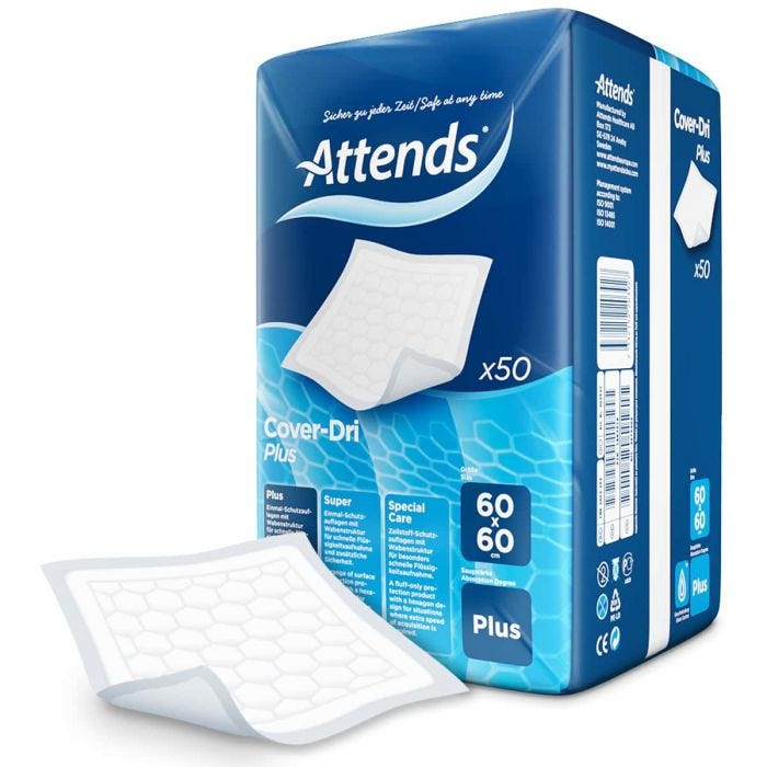 Attends Cover-Dri Underpad Plus 60x60cm - disposable bed protection pad, fluid-lock core, waterproof backing, pack of 50