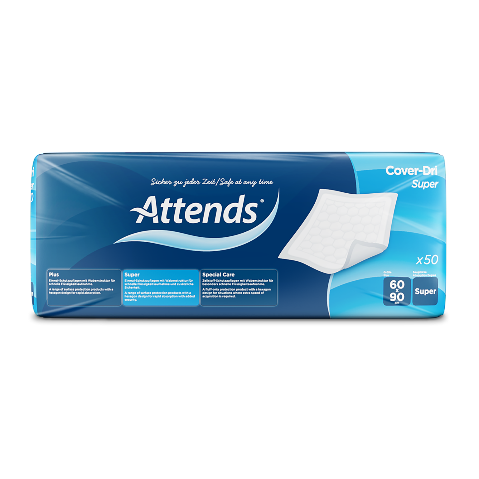 Attends Cover-Dri Plus 90x60cm - high-performance disposable bed underpad, enhanced absorbency, pack of 50