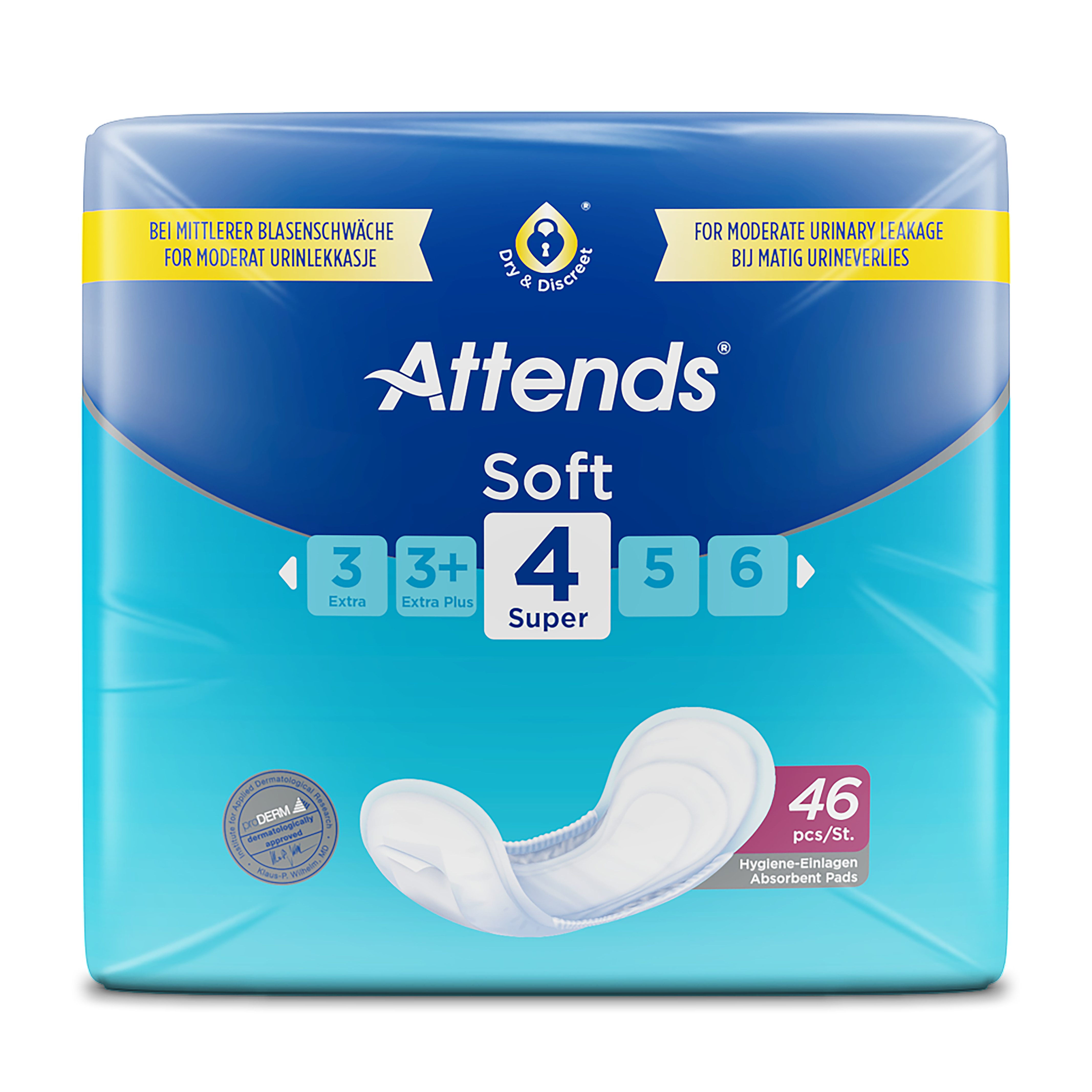 Attends Soft Shaped Pads Level 4 Super - super-size shaped incontinence pad, 700ml absorbency, pack of 46