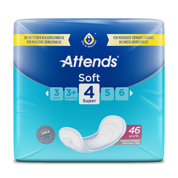 Attends Soft Shaped Pads Level 4 Super - super-size shaped incontinence pad, 700ml absorbency, pack of 46