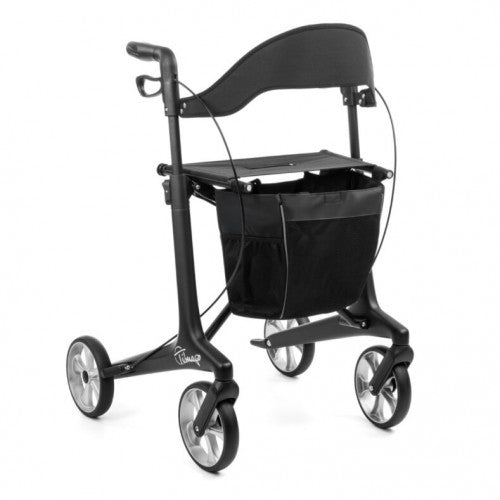 Black rollator with a basket on a white background