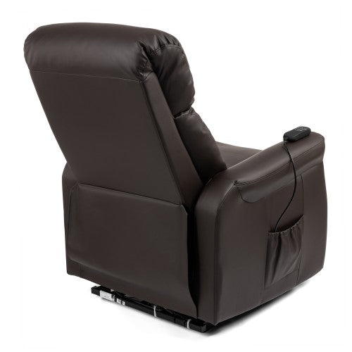 Timago RELAX lift chair in upright seated position – mocca upholstery detail