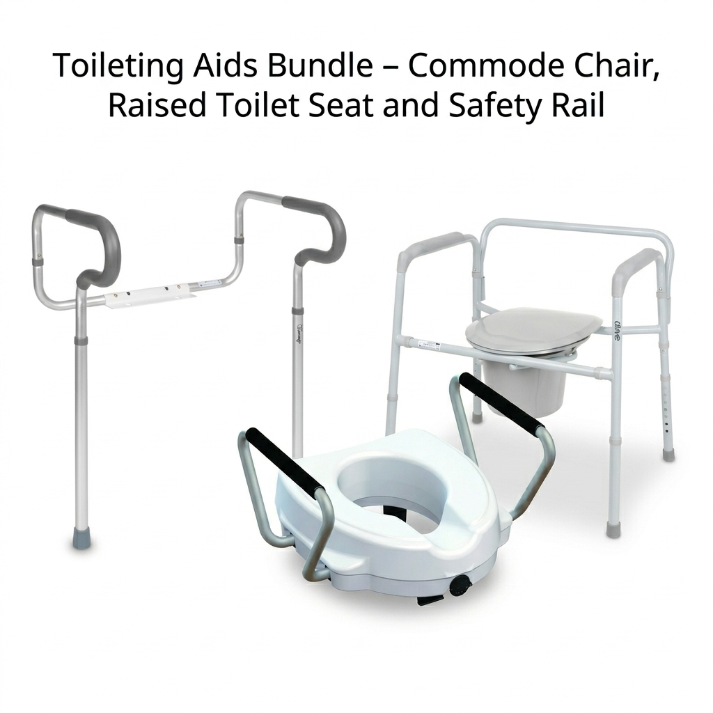 Toileting Aids Bundle – Commode Chair, Raised Toilet Seat and Safety Rail