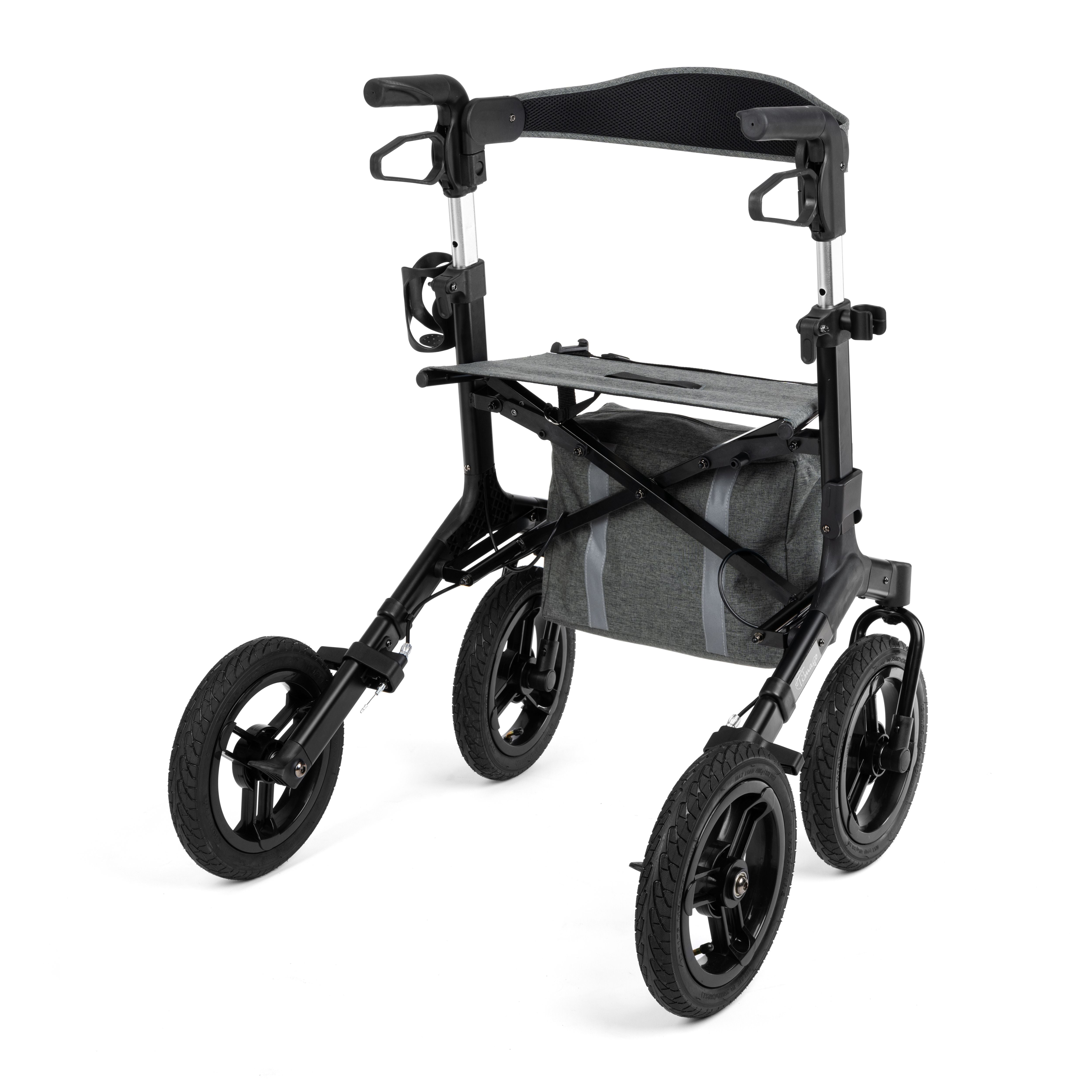 RANGER Aluminium Rollator with 12-Inch Pneumatic Wheels for Outdoor Use Black (Ireland)