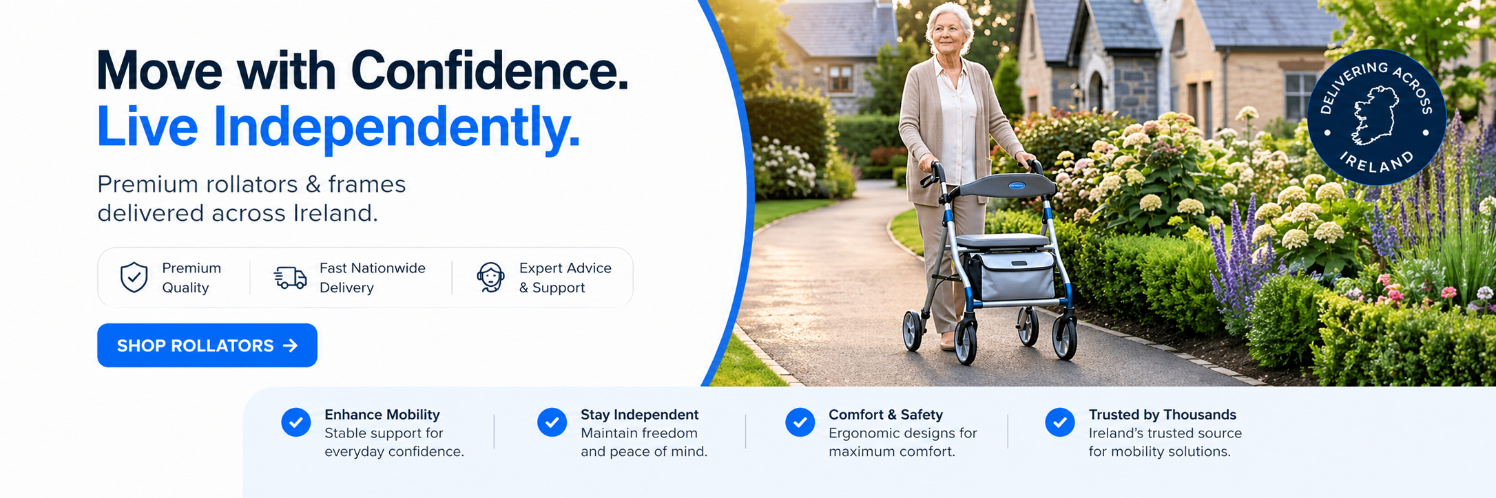 homepage banner promoting rollators and frames in Ireland
