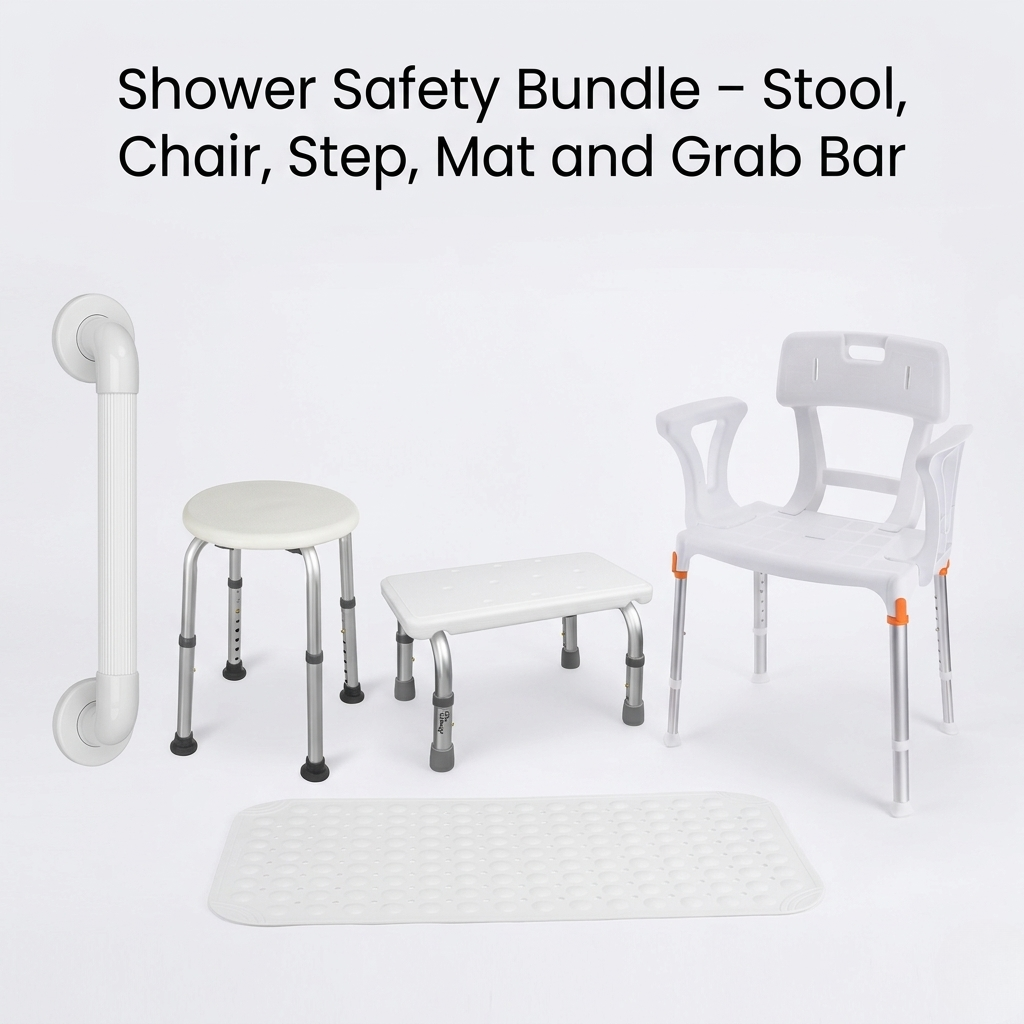 Shower Safety Bundle – Stool, Chair, Step, Mat and Grab Bar