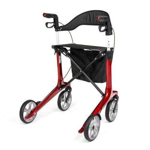 Red and black rollator on a white background