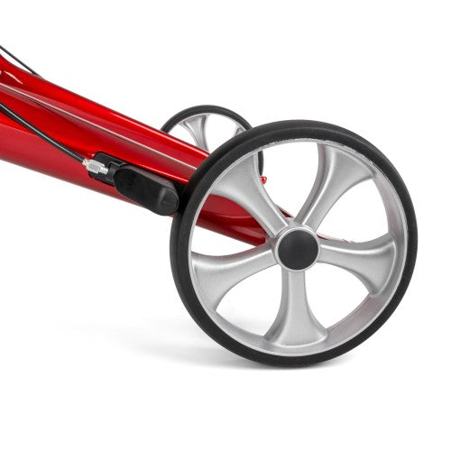 Close-up of a red rollator with a large wheel on a white background