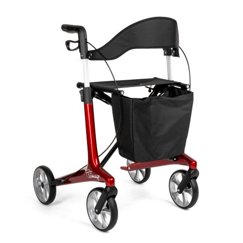 Red and black rollator with a basket on a white background
