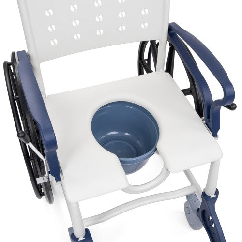 SANI-TIM 3-in-1 Shower and Commode Transport Chair – Aluminium Frame with Flip-Up Armrests, Braked Castors and Quick-Release Rear Wheels