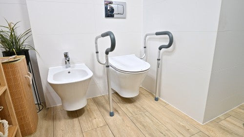 Toileting Aids Bundle – Commode Chair, Raised Toilet Seat and Safety Rail