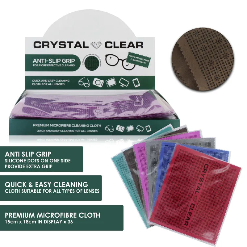 Crystal Clear Anti Slip Grip Lens Cleaning Cloth 15X18Cm Disp X36 (Pack of 36)