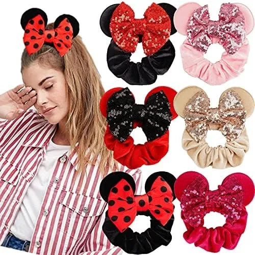 Mouse Ears Velvet Scrunchy With Sequin Bow (Pack of 6)